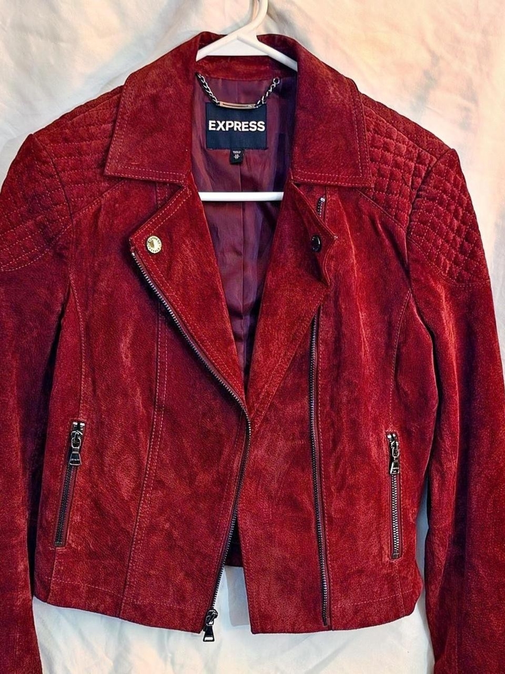 Express Burgundy Suede Quilted Shoulder Moto Jacket